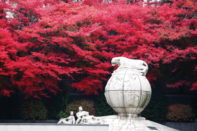 Korea University's tiger globe monument framed by autumn maple foliage.